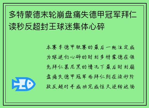 多特蒙德末轮崩盘痛失德甲冠军拜仁读秒反超封王球迷集体心碎